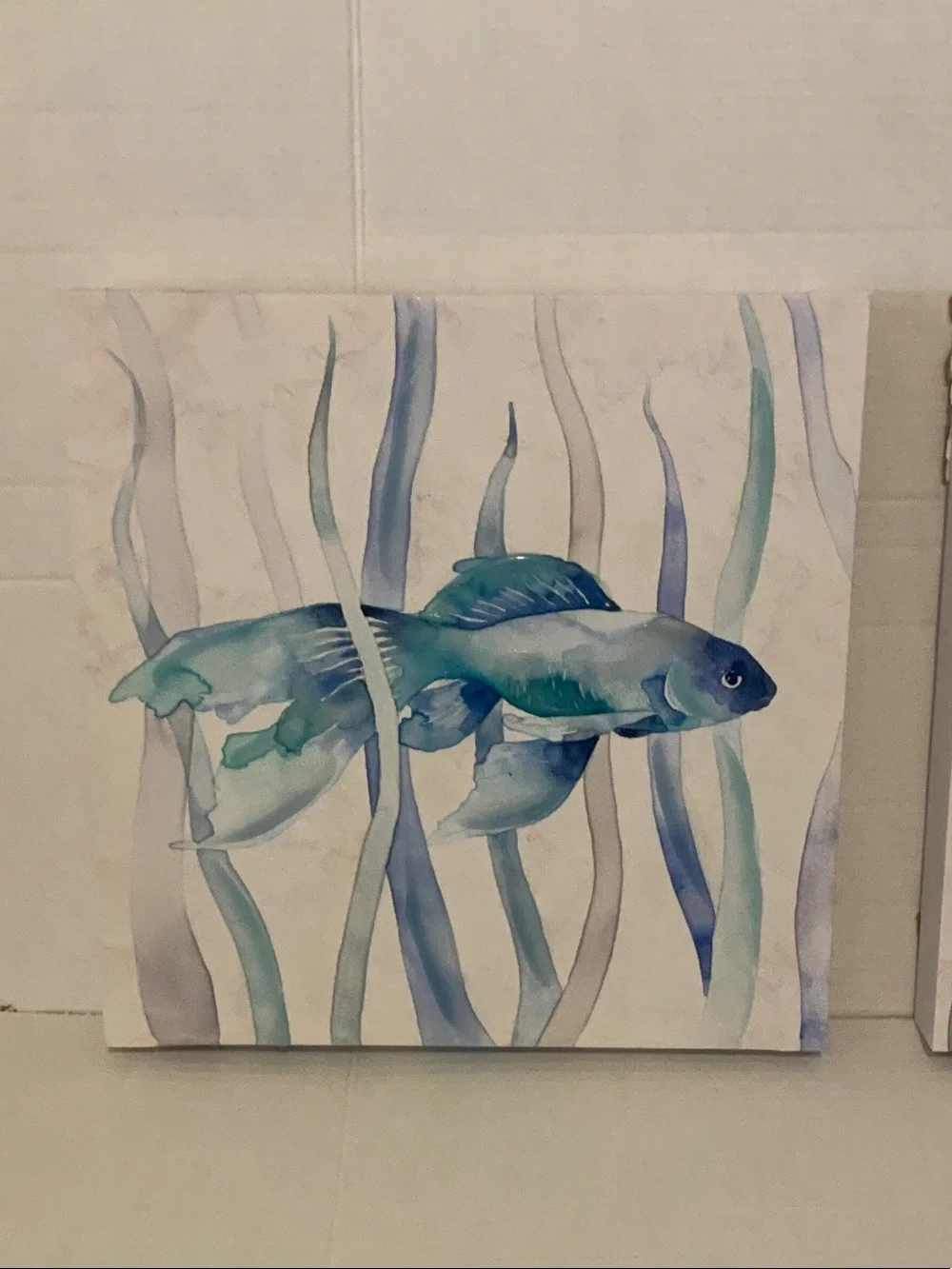 Blue Textured Watercolor Fish Canvas Pair 12”x12”. Shiny texture accents.